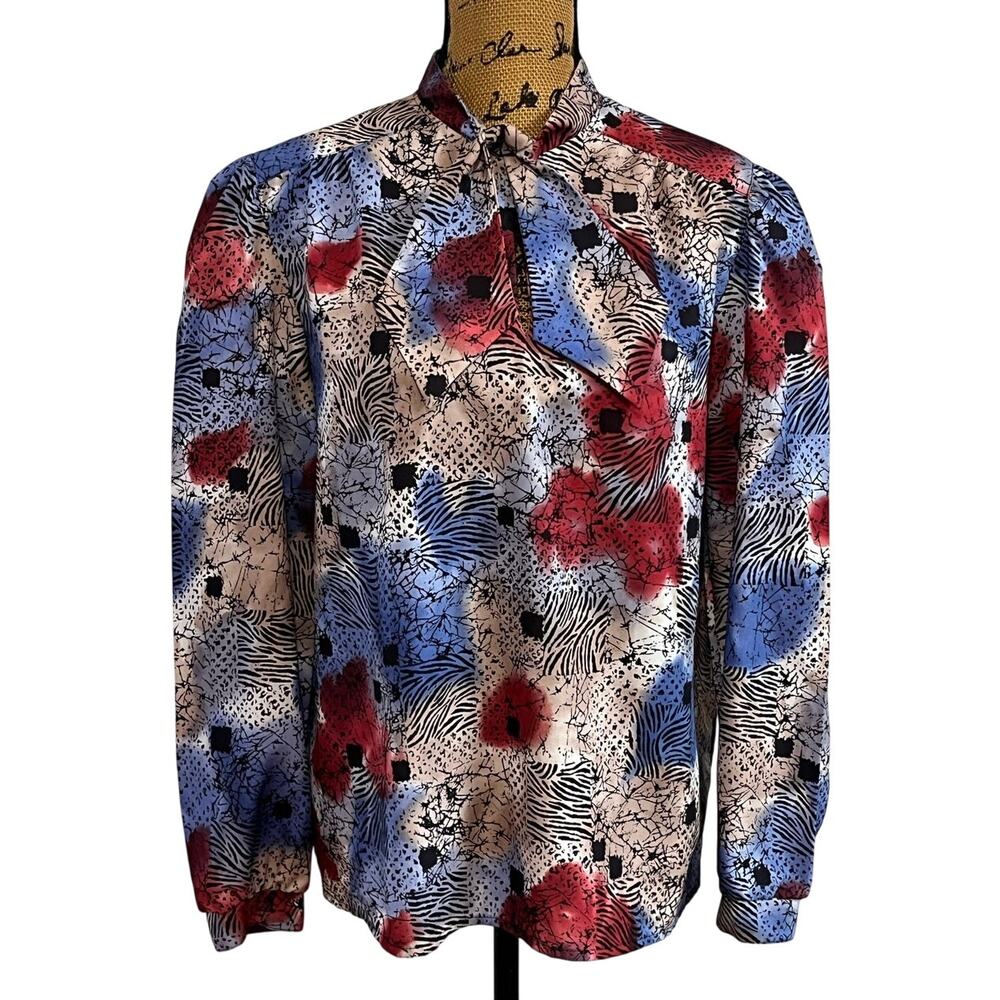 Vintage 70s 80s Devon Bow Tie Neck Long Sleeve Multicolor Blouse Women’s L